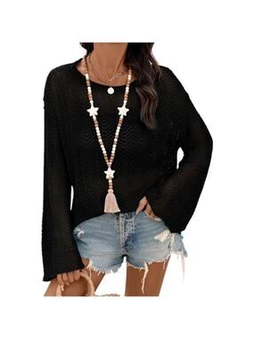 Black Crochet Beach Cover Up Bell Sleeve Mesh Sweater